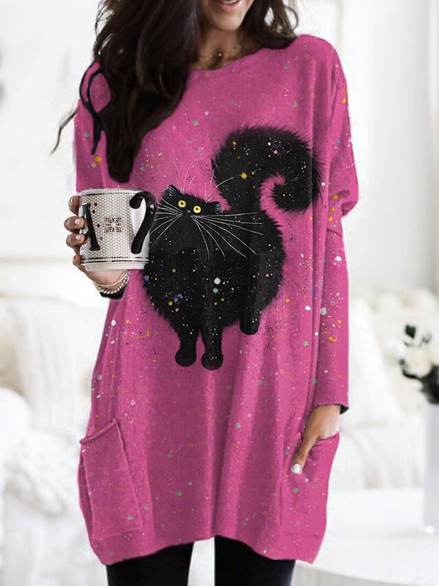 Women's cute black cat print sweatshirt