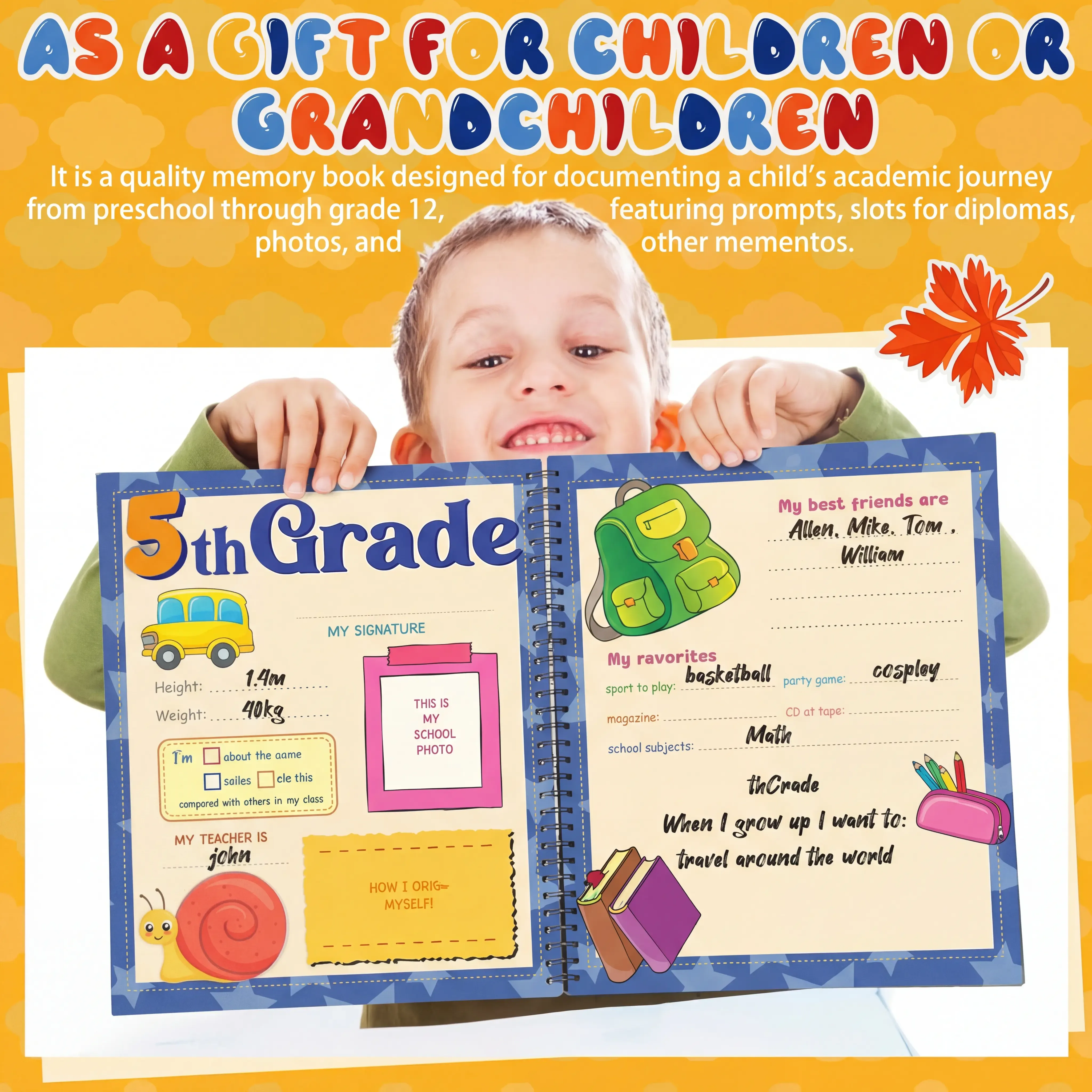 Child holding an open school memory book Child holding an open school memory book